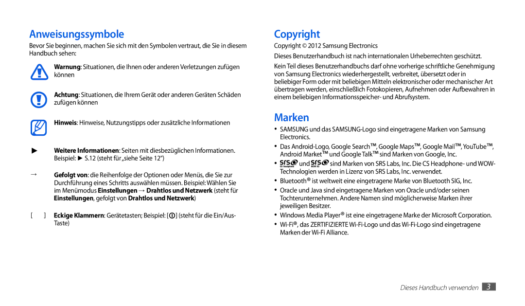 Samsung GT-P1010CWATUR, GT-P1010CWAATO, GT-P1010CWADBT manual Anweisungssymbole, Copyright, Marken, Taste 