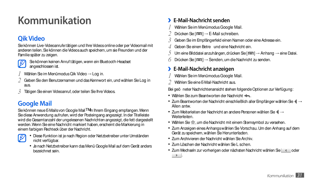 Samsung GT-P1010CWAATO manual Kommunikation, Qik Video, Google Mail, ››E-Mail-Nachricht senden, ››E-Mail-Nachricht anzeigen 