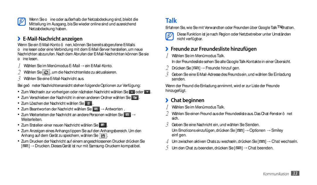 Samsung GT-P1010CWATUR, GT-P1010CWAATO, GT-P1010CWADBT manual Talk, ››Freunde zur Freundesliste hinzufügen, ››Chat beginnen 