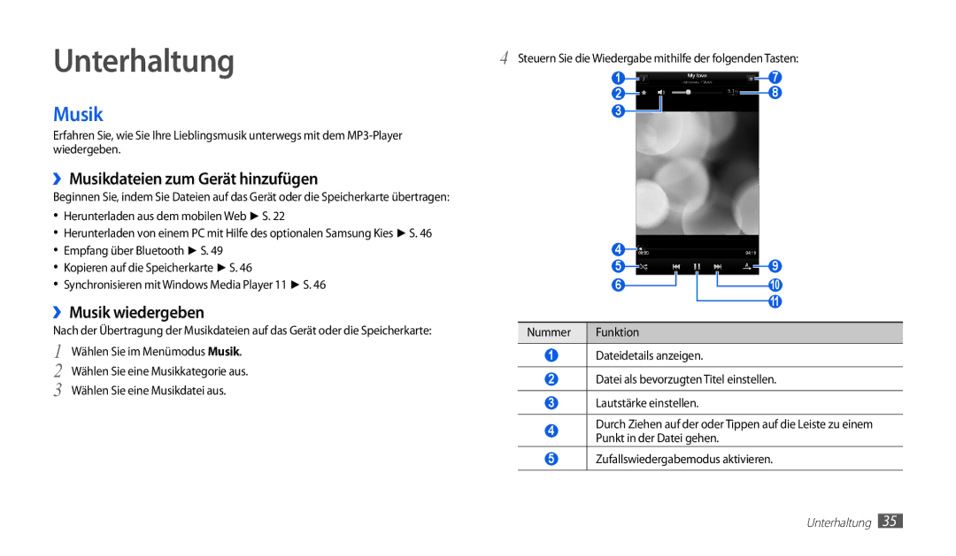 Samsung GT-P1010CWADBT, GT-P1010CWATUR manual Unterhaltung, ››Musikdateien zum Gerät hinzufügen, ››Musik wiedergeben 