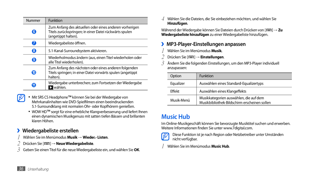 Samsung GT-P1010CWATUR, GT-P1010CWAATO manual Music Hub, ››Wiedergabeliste erstellen, ››MP3-Player-Einstellungen anpassen 