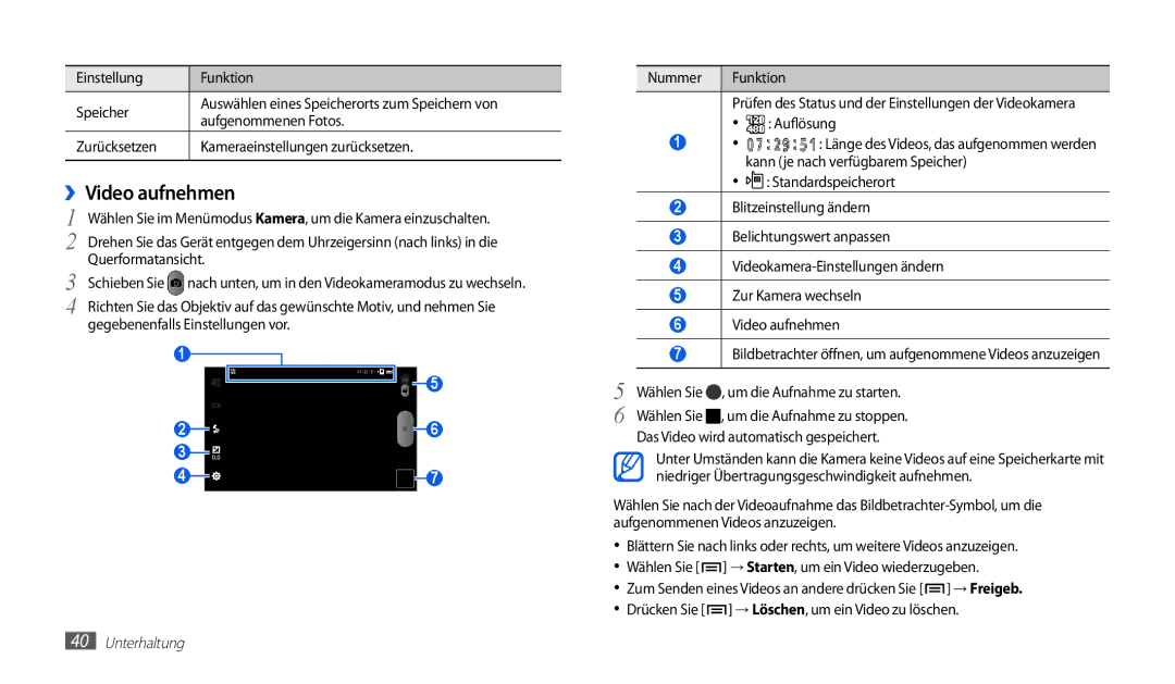 Samsung GT-P1010CWAATO, GT-P1010CWATUR, GT-P1010CWADBT manual ››Video aufnehmen, Das Video wird automatisch gespeichert 