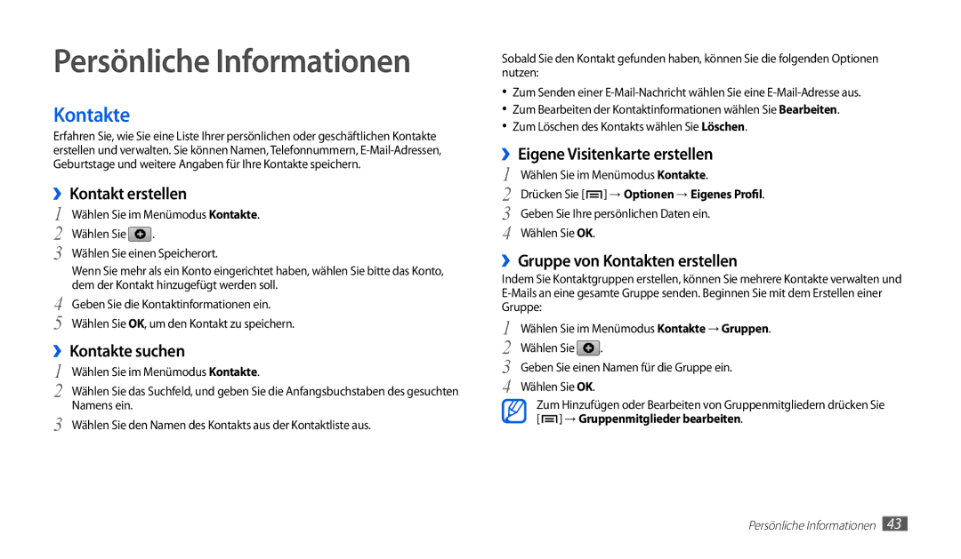 Samsung GT-P1010CWAATO, GT-P1010CWATUR, GT-P1010CWADBT manual Persönliche Informationen, Kontakte 