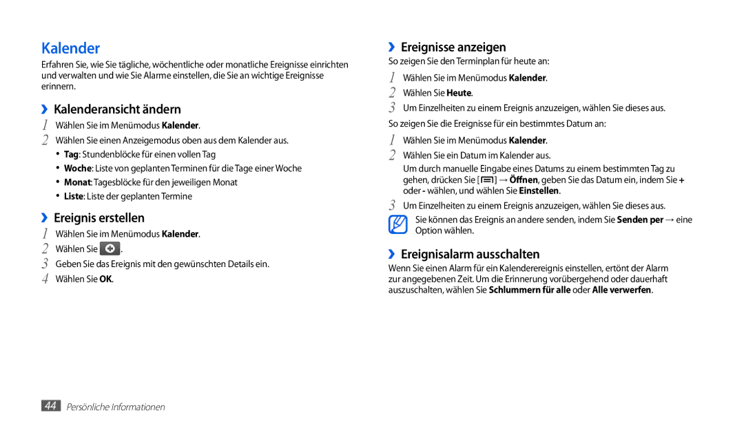 Samsung GT-P1010CWADBT, GT-P1010CWATUR manual ››Kalenderansicht ändern, ››Ereignis erstellen, ››Ereignisse anzeigen 