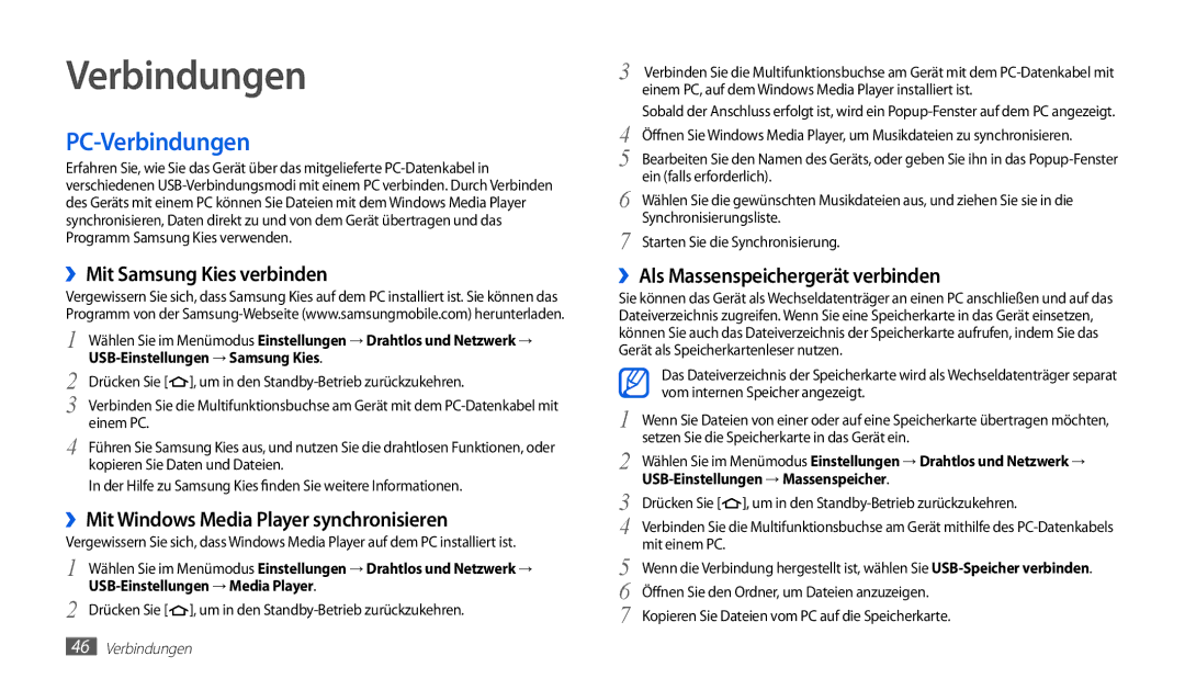 Samsung GT-P1010CWAATO manual PC-Verbindungen, ››Mit Samsung Kies verbinden, ››Mit Windows Media Player synchronisieren 