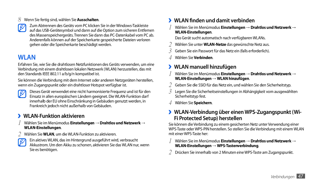 Samsung GT-P1010CWADBT manual ››WLAN-Funktion aktivieren, ››WLAN finden und damit verbinden, ››WLAN manuell hinzufügen 