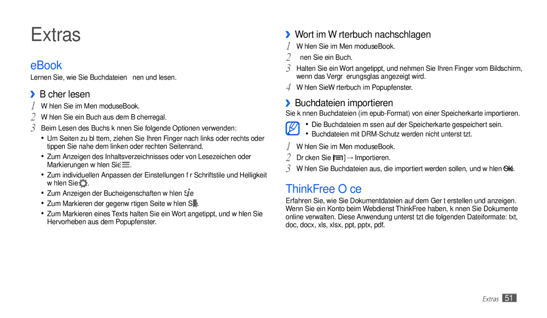 Samsung GT-P1010CWATUR, GT-P1010CWAATO, GT-P1010CWADBT manual Extras, EBook, ThinkFree Office 