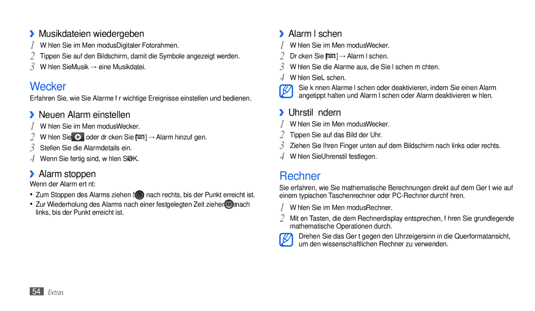 Samsung GT-P1010CWATUR, GT-P1010CWAATO, GT-P1010CWADBT manual Wecker, Rechner 