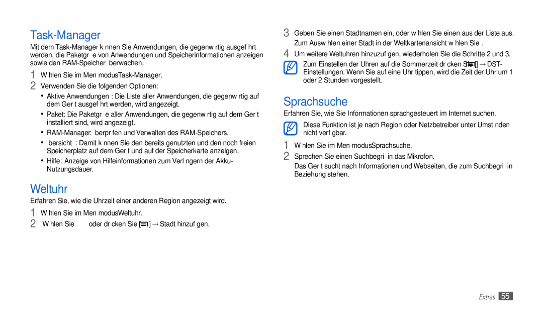 Samsung GT-P1010CWAATO, GT-P1010CWATUR, GT-P1010CWADBT manual Task-Manager, Weltuhr, Sprachsuche 