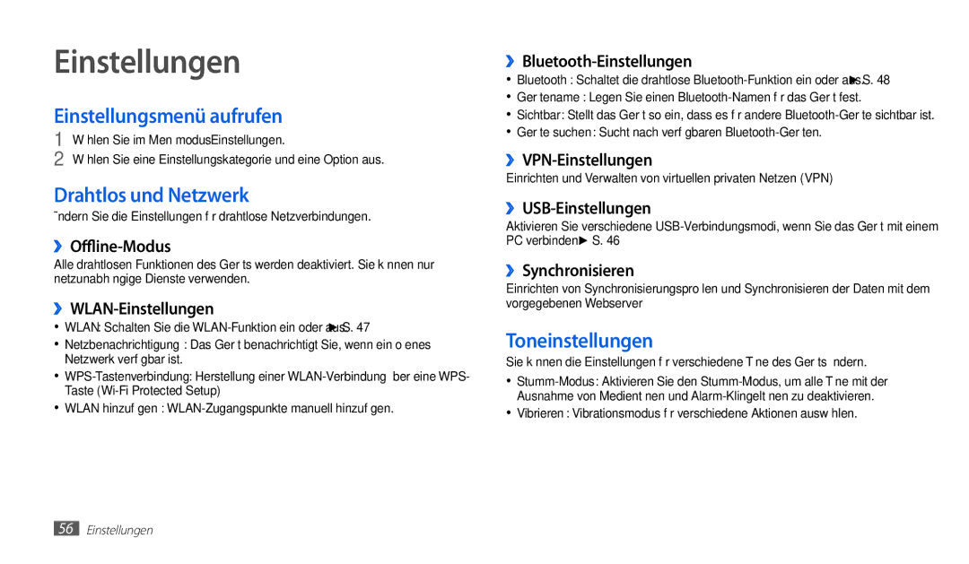 Samsung GT-P1010CWADBT, GT-P1010CWATUR Einstellungen, Einstellungsmenü aufrufen, Drahtlos und Netzwerk, Toneinstellungen 