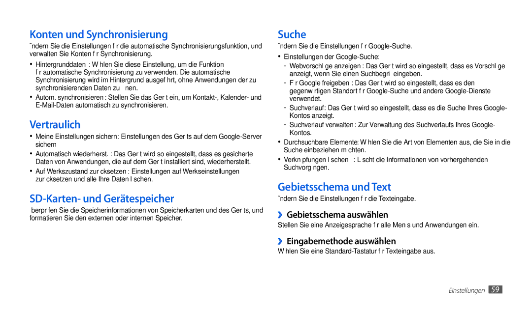 Samsung GT-P1010CWADBT, GT-P1010CWATUR manual Konten und Synchronisierung, Vertraulich, SD-Karten- und Gerätespeicher, Suche 