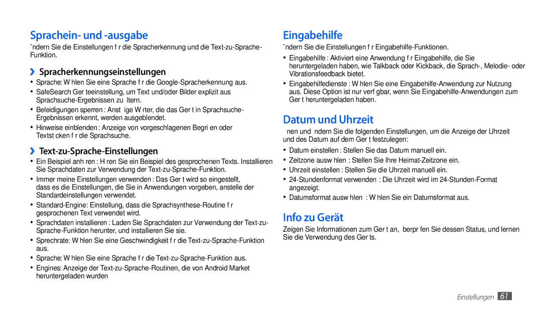 Samsung GT-P1010CWAATO, GT-P1010CWATUR manual Sprachein- und -ausgabe, Eingabehilfe, Datum und Uhrzeit, Info zu Gerät 