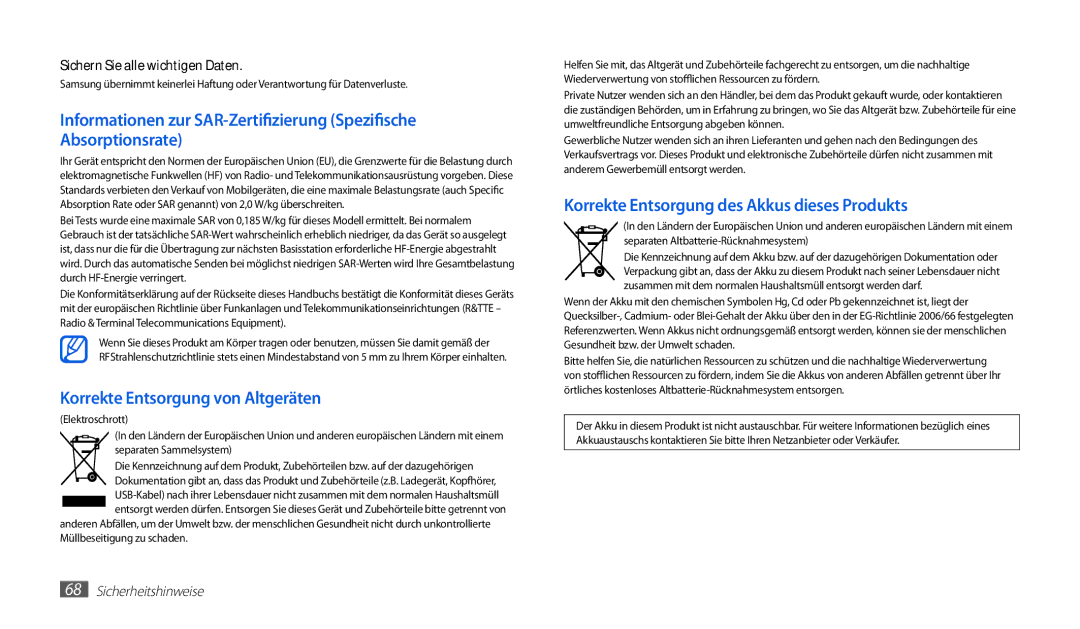 Samsung GT-P1010CWADBT, GT-P1010CWATUR, GT-P1010CWAATO Korrekte Entsorgung von Altgeräten, Sichern Sie alle wichtigen Daten 