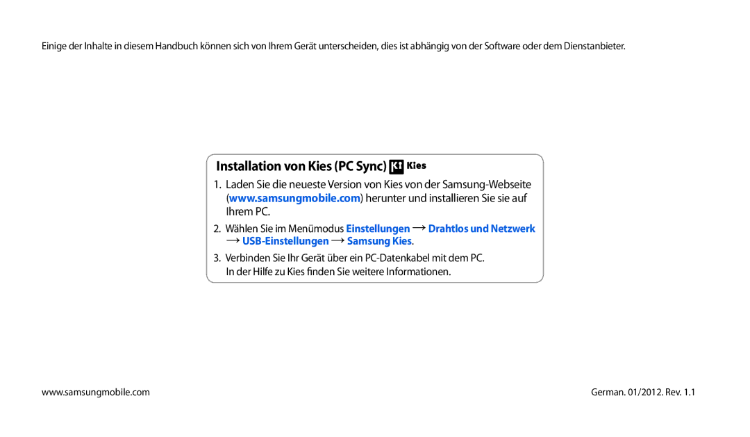 Samsung GT-P1010CWADBT, GT-P1010CWATUR, GT-P1010CWAATO manual Installation von Kies PC Sync 
