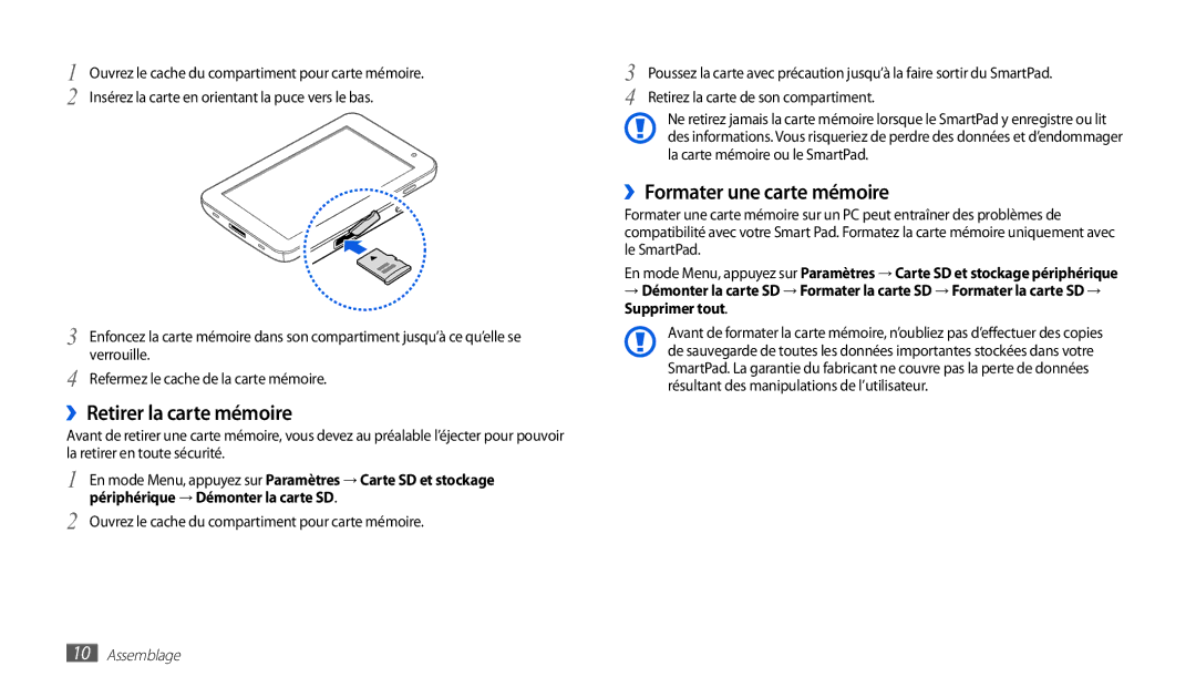 Samsung GT-P1010CWAXEF manual ››Retirer la carte mémoire, ››Formater une carte mémoire 