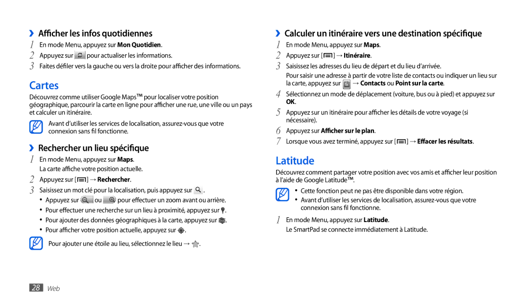 Samsung GT-P1010CWAXEF manual Cartes, Latitude, Infos quotidiennes, ››Rechercher un lieu spécifique 