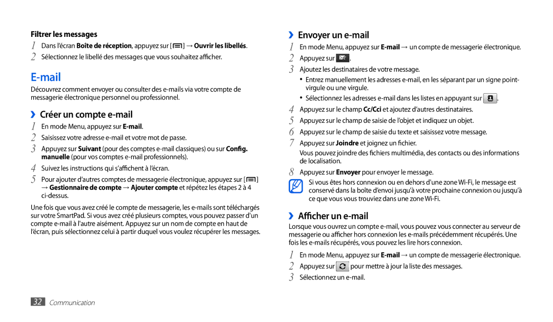 Samsung GT-P1010CWAXEF manual Mail, ››Créer un compte e-mail 