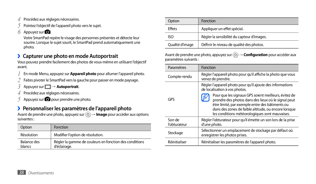 Samsung GT-P1010CWAXEF manual ››Capturer une photo en mode Autoportrait, ››Personnaliser les paramètres de l’appareil photo 