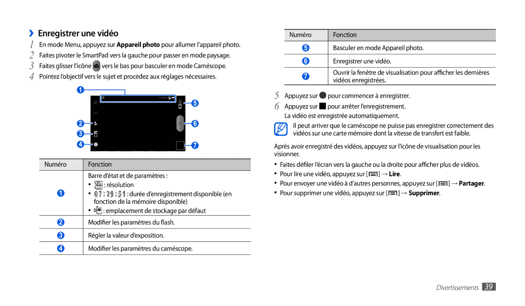 Samsung GT-P1010CWAXEF manual ››Enregistrer une vidéo, Barre d’état et de paramètres Résolution, → Lire 