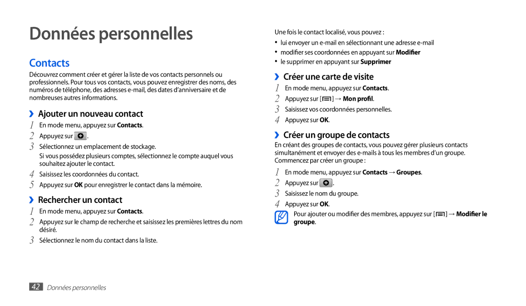 Samsung GT-P1010CWAXEF manual Données personnelles, Contacts 