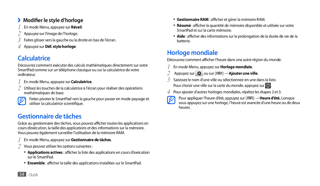 Samsung GT-P1010CWAXEF manual Calculatrice, Gestionnaire de tâches, Horloge mondiale, ››Modifier le style d’horloge 