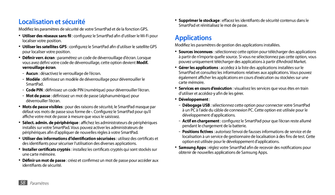 Samsung GT-P1010CWAXEF manual Localisation et sécurité, Applications 