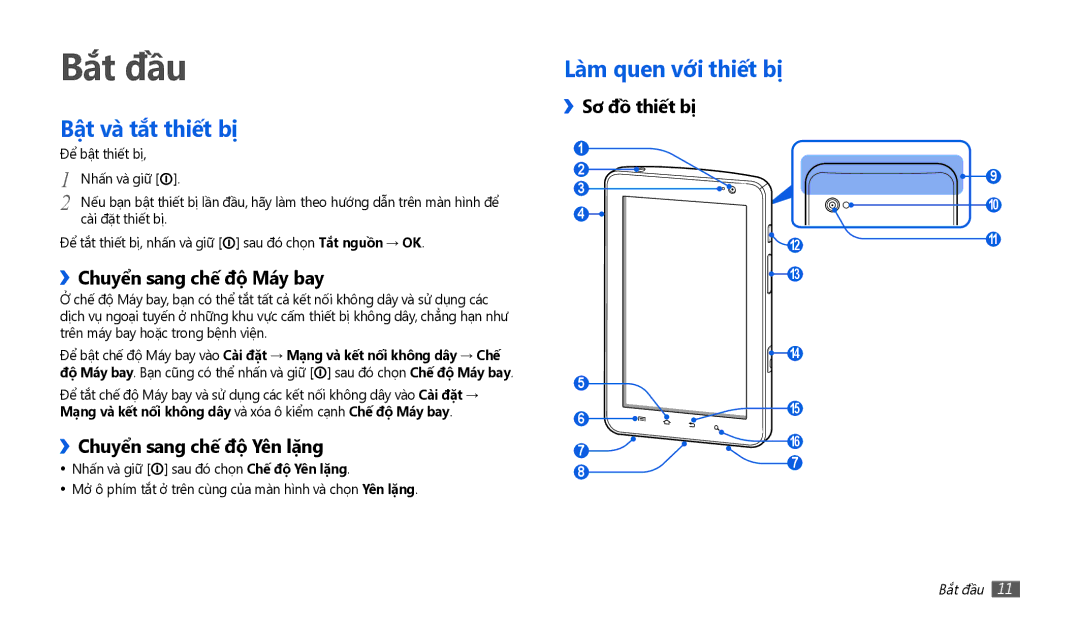 Samsung GT-P1010CWAXEV manual Bắt đầu, Bật và tắt thiế́t bị, ››Chuyển sang chế́ độ Máy bay, ››Chuyển sang chế́ độ Yên lặng 