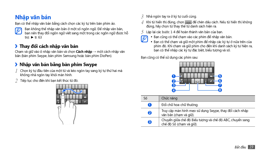 Samsung GT-P1010CWAXEV manual ››Thay đổi cách nhập văn bản, ››Nhập văn bản bằng bàn phím Swype 