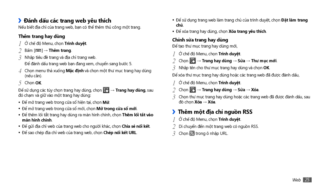 Samsung GT-P1010CWAXEV manual ››Đánh dấu các trang web yêu thích, Thêm một địa chỉ nguồn RSS, Bấm → Thêm trang 