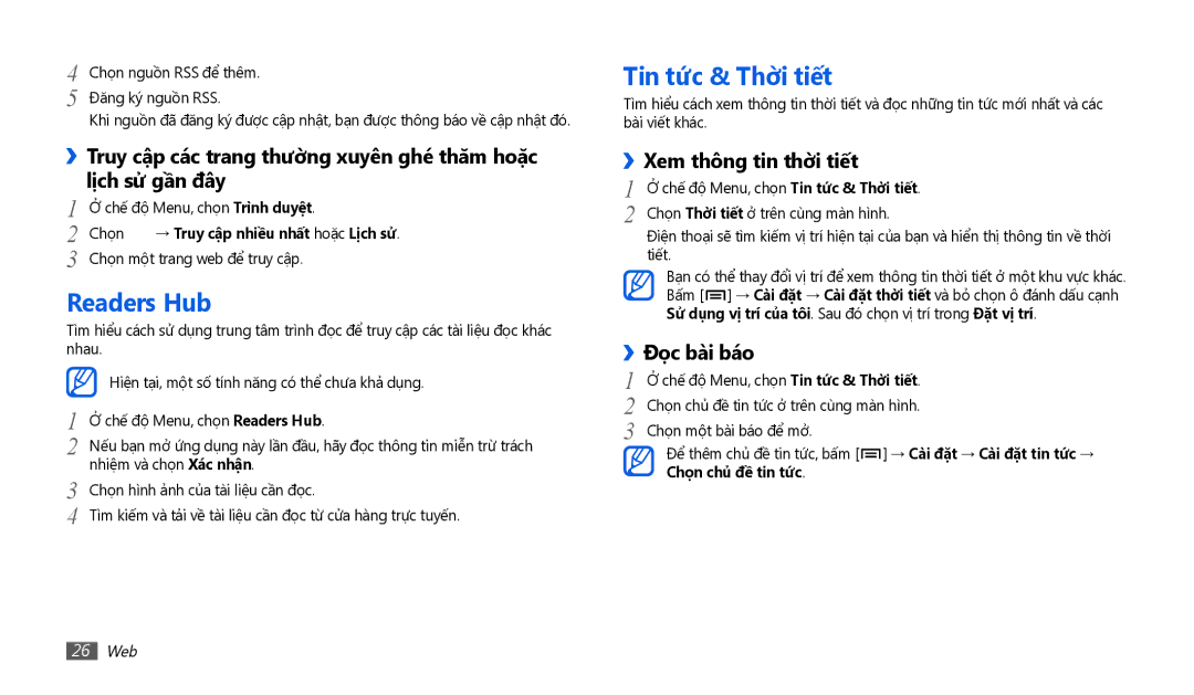 Samsung GT-P1010CWAXEV manual Readers Hub, Tin tức & Thời tiế́t, ››Xem thông tin thời tiế́t, 26 Web 