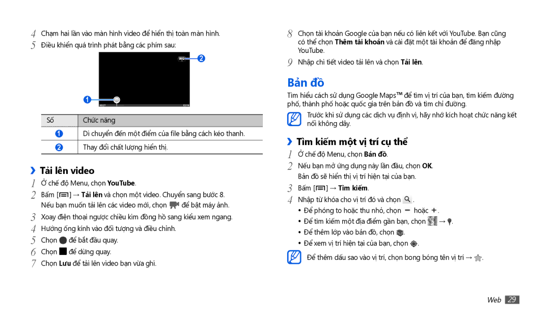 Samsung GT-P1010CWAXEV manual Bản đồ, Tải lên video, ››Tìm kiế́m một vị trí cụ thể 