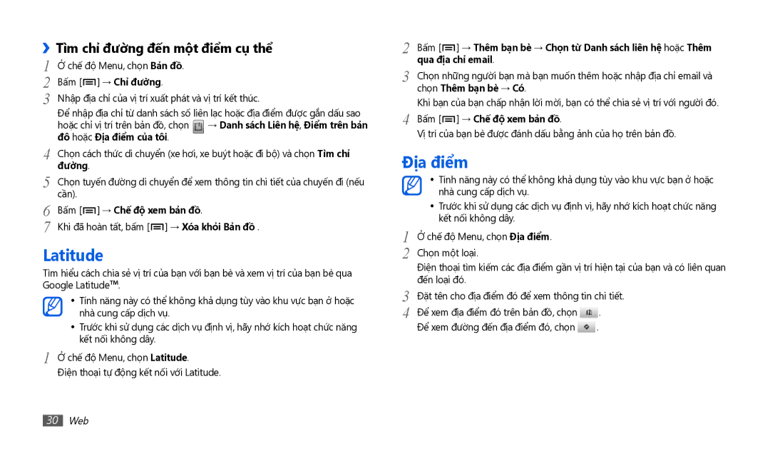 Samsung GT-P1010CWAXEV manual Latitude, Địa điểm, ››Tìm chỉ đường đế́n một điểm cụ thể 