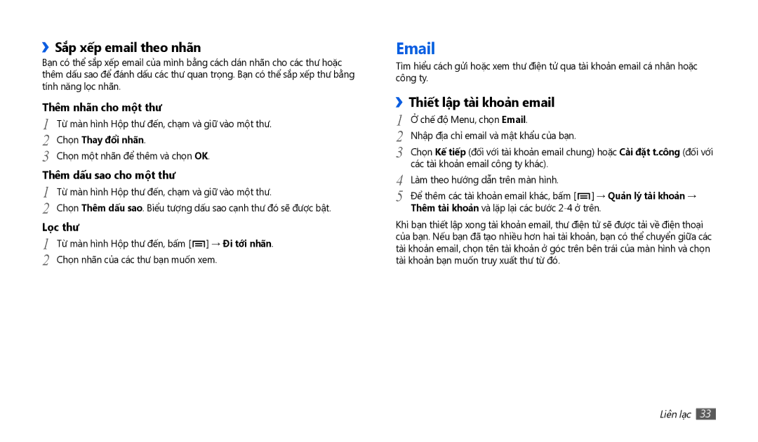 Samsung GT-P1010CWAXEV manual ››Sắp xế́p email theo nhãn, Thiế́t lập tài khoản email, Chọn Thay đôi nhan, Liên lạc 