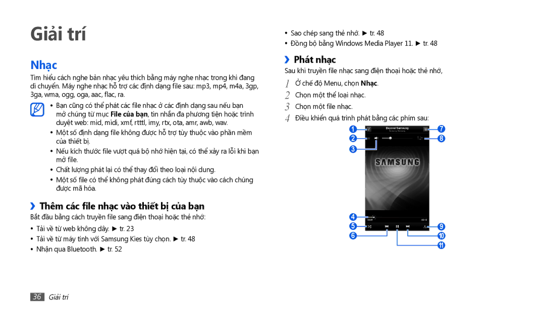 Samsung GT-P1010CWAXEV manual Nhạ̣c, ››Thêm các file nhạ̣c vào thiế́t bị củ̉a bạ̣n, ››Phát nhạ̣c, 36 Giải trí 