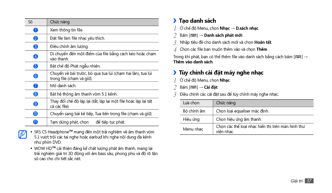 Samsung GT-P1010CWAXEV manual ››Tạ̣o danh sách, Tùy chỉnh cài đặt máy nghe nhạ̣c, Chế độ Menu, chọn Nhạ̣c, Bấm → Cài đặt 