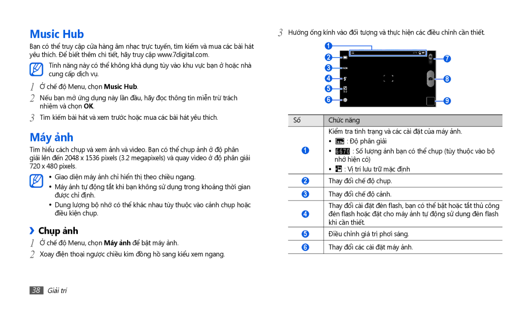 Samsung GT-P1010CWAXEV manual Music Hub, Máy ảnh, Chup ảnh, 38 Giải trí 