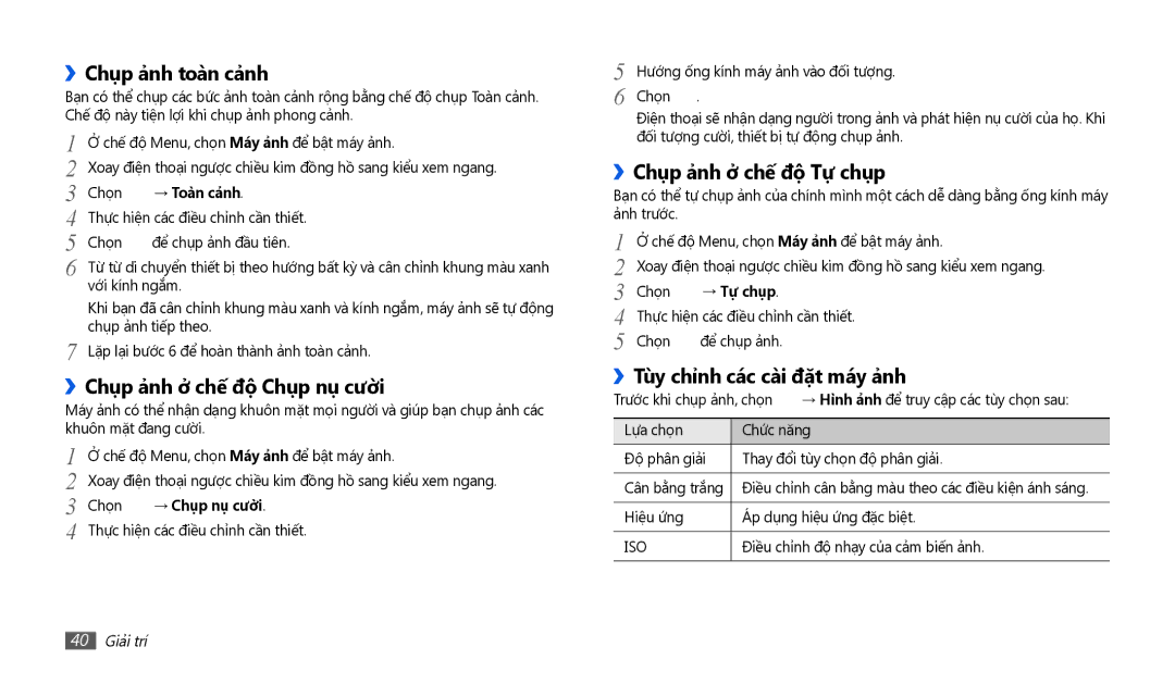 Samsung GT-P1010CWAXEV manual ››Chụp ảnh toàn cảnh, ››Chụp ảnh ở chế́ độ Chụp nụ cười, ››Chụp ảnh ở chế́ độ Tự chụp 