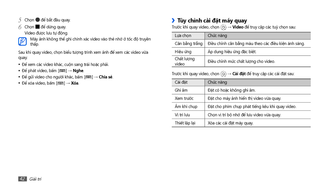 Samsung GT-P1010CWAXEV manual ››Tùy chỉnh cài đặt máy quay, 42 Giải trí 