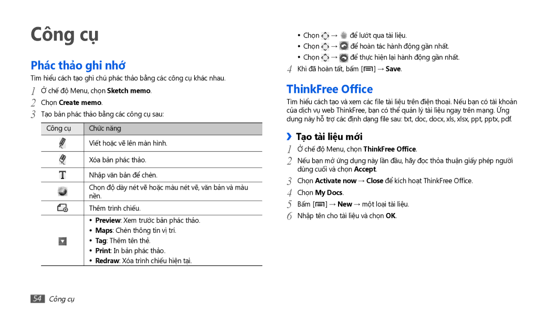 Samsung GT-P1010CWAXEV manual Công cụ, Phác thảo ghi nhớ, ThinkFree Office, Tạ̣o tài liệu mới 