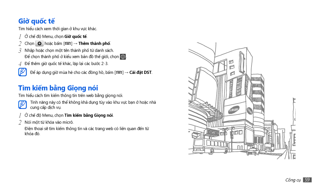 Samsung GT-P1010CWAXEV manual Giờ quố́c tế́, Tìm kiế́m bằng Giọng nói, Hoặc bấm → Thêm thành phố́ 