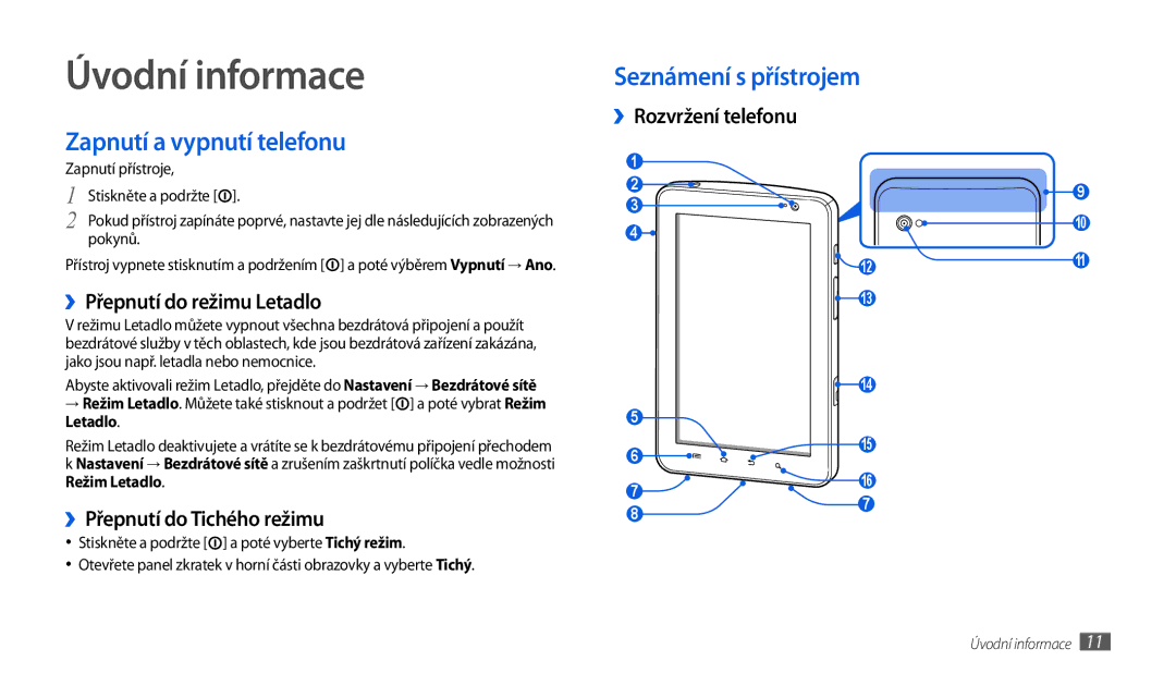 Samsung GT-P1010CWAXEZ, GT-P1010CWAXSK manual Úvodní informace, Zapnutí a vypnutí telefonu, ››Přepnutí do režimu Letadlo 