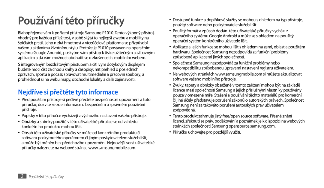 Samsung GT-P1010CWAXSK, GT-P1010CWAXEZ manual Používání této příručky, Nejdříve si přečtěte tyto informace 