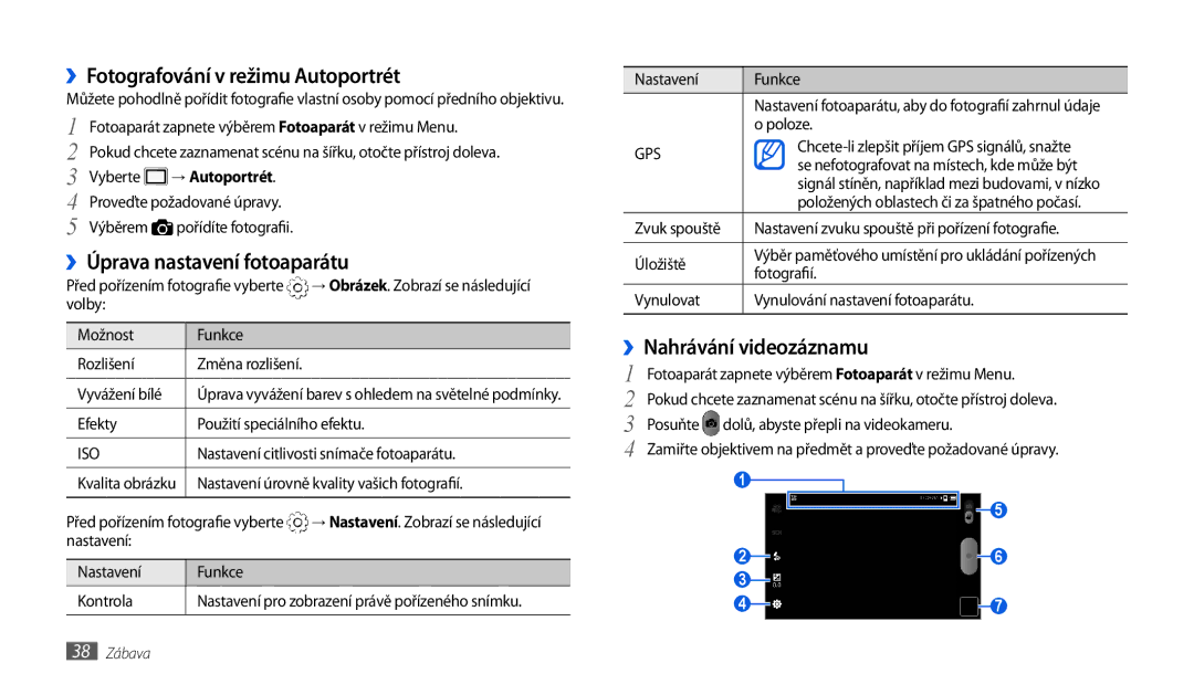 Samsung GT-P1010CWAXSK ››Fotografování v režimu Autoportrét, ››Úprava nastavení fotoaparátu, ››Nahrávání videozáznamu 