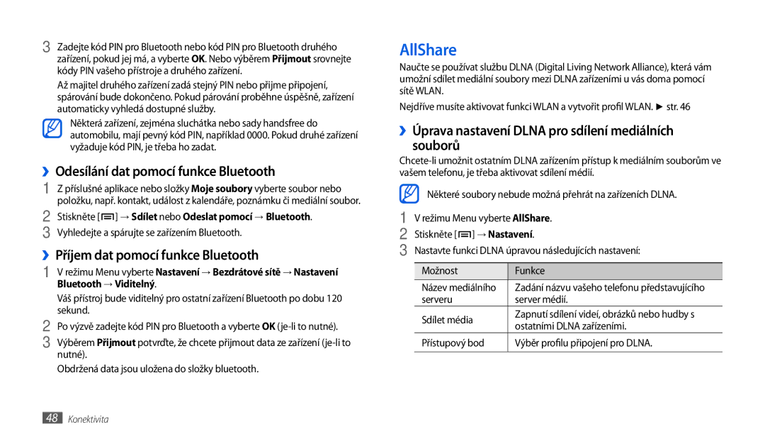 Samsung GT-P1010CWAXSK manual AllShare, ››Odesílání dat pomocí funkce Bluetooth, ››Příjem dat pomocí funkce Bluetooth 