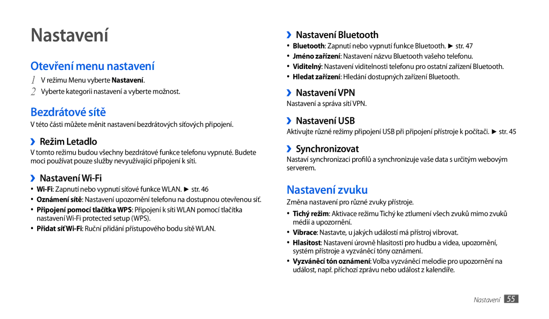 Samsung GT-P1010CWAXEZ, GT-P1010CWAXSK manual Otevření menu nastavení, Bezdrátové sítě, Nastavení zvuku 