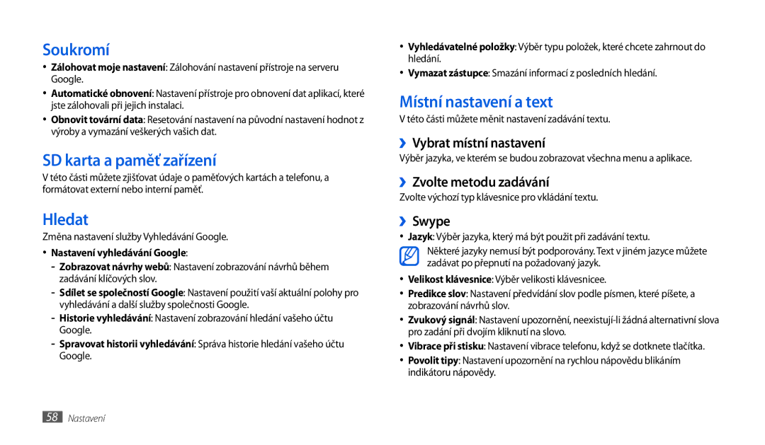 Samsung GT-P1010CWAXSK, GT-P1010CWAXEZ manual Soukromí, SD karta a paměť zařízení, Hledat, Místní nastavení a text 