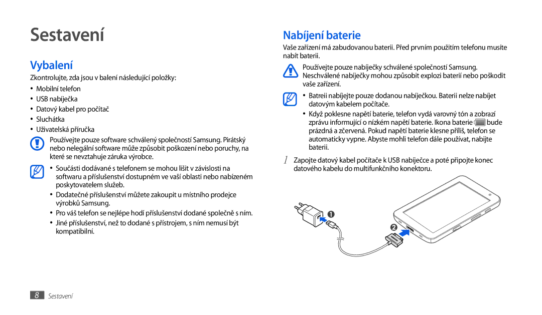 Samsung GT-P1010CWAXSK, GT-P1010CWAXEZ manual Sestavení, Vybalení, Nabíjení baterie 
