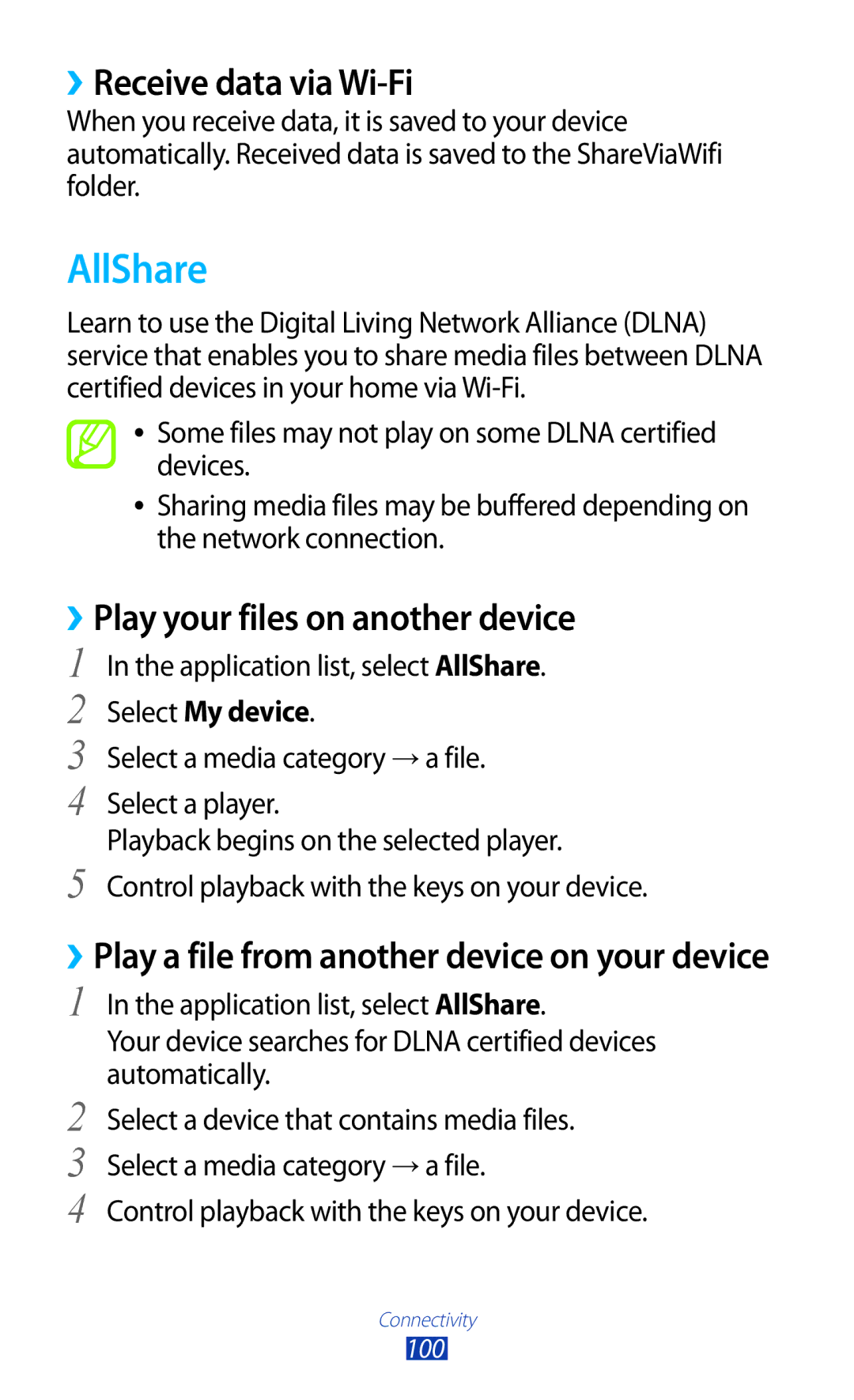 Samsung GT-P3100 user manual AllShare, ››Receive data via Wi-Fi, ››Play your files on another device 