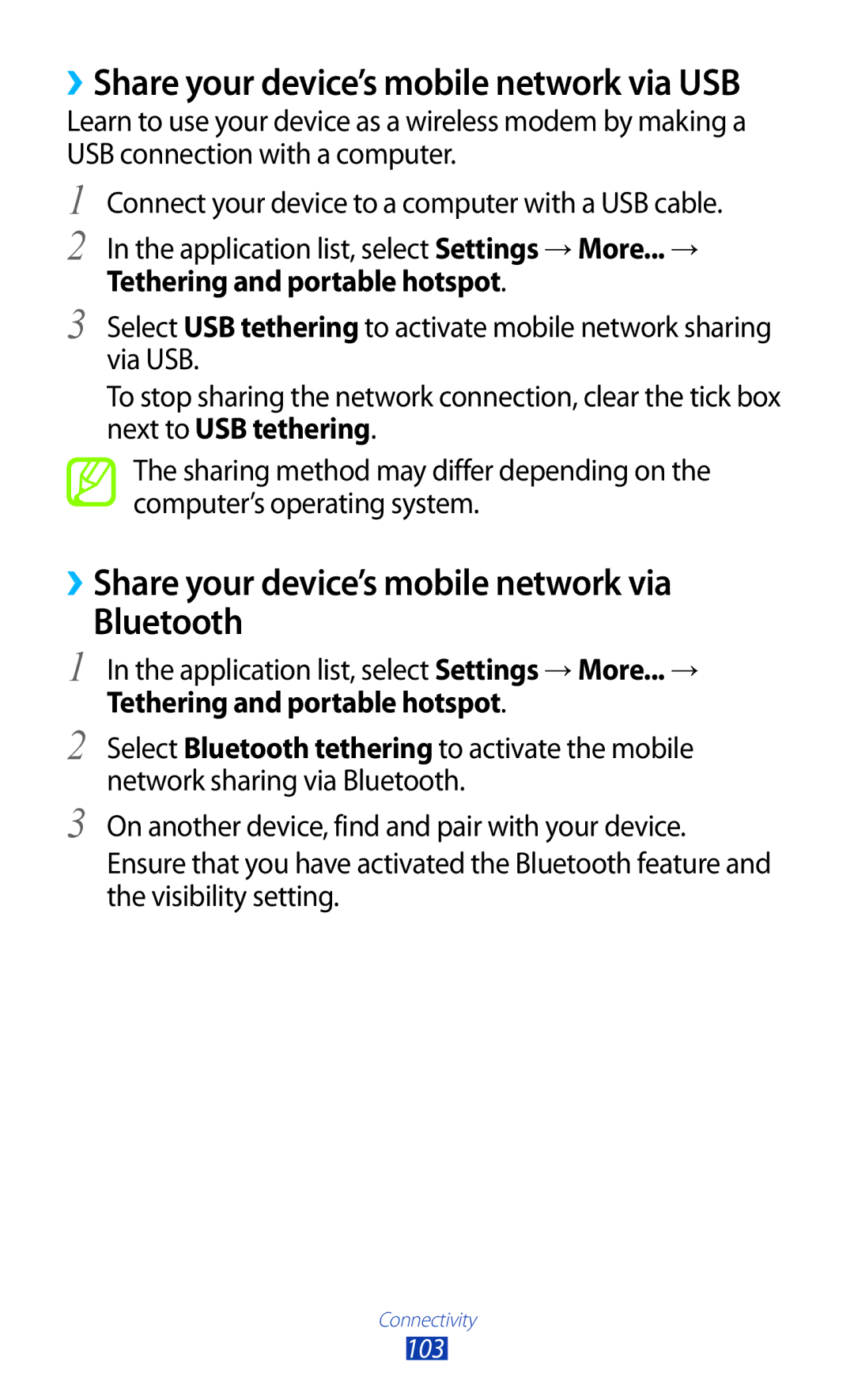 Samsung GT-P3100 user manual ››Share your device’s mobile network via Bluetooth, Tethering and portable hotspot 