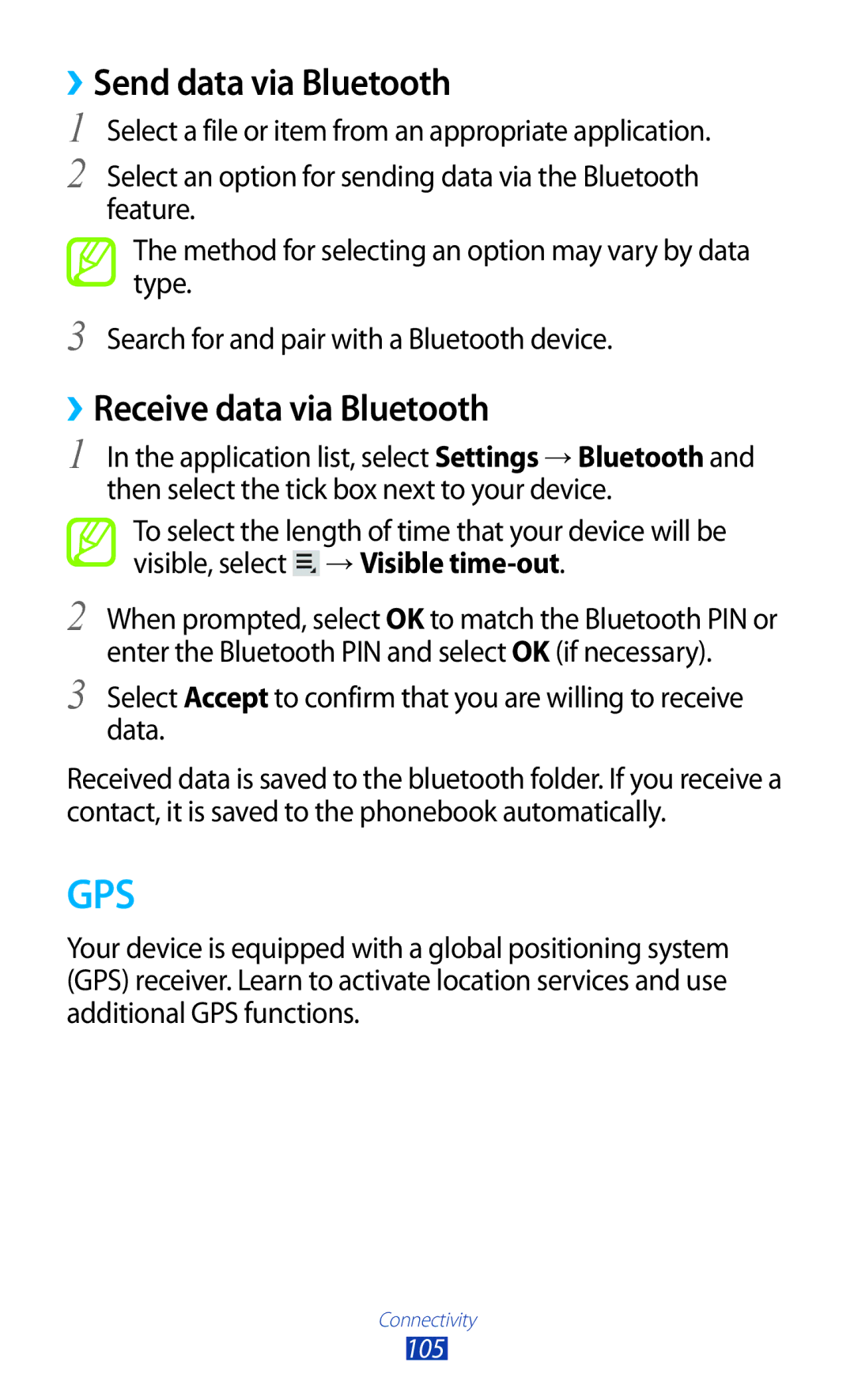 Samsung GT-P3100 user manual ››Send data via Bluetooth, ››Receive data via Bluetooth 